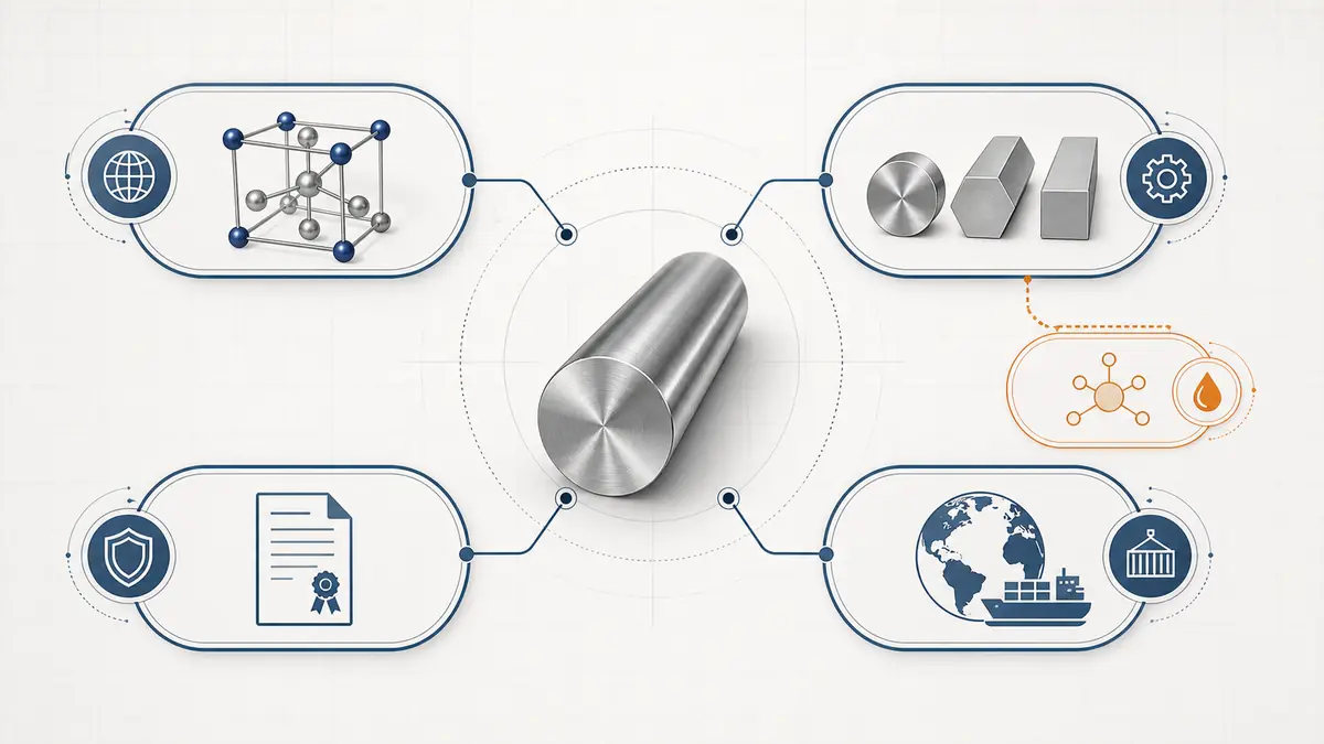 Technical diagram showing 304 stainless steel round bar grade naming and sourcing review paths