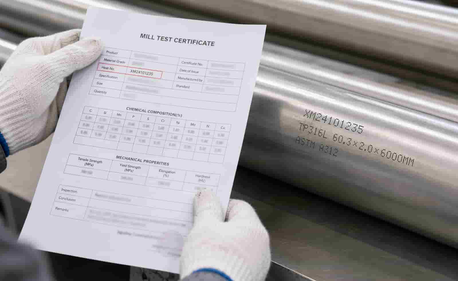 Mill Test Certificate being checked against heat-number marking on stainless steel material