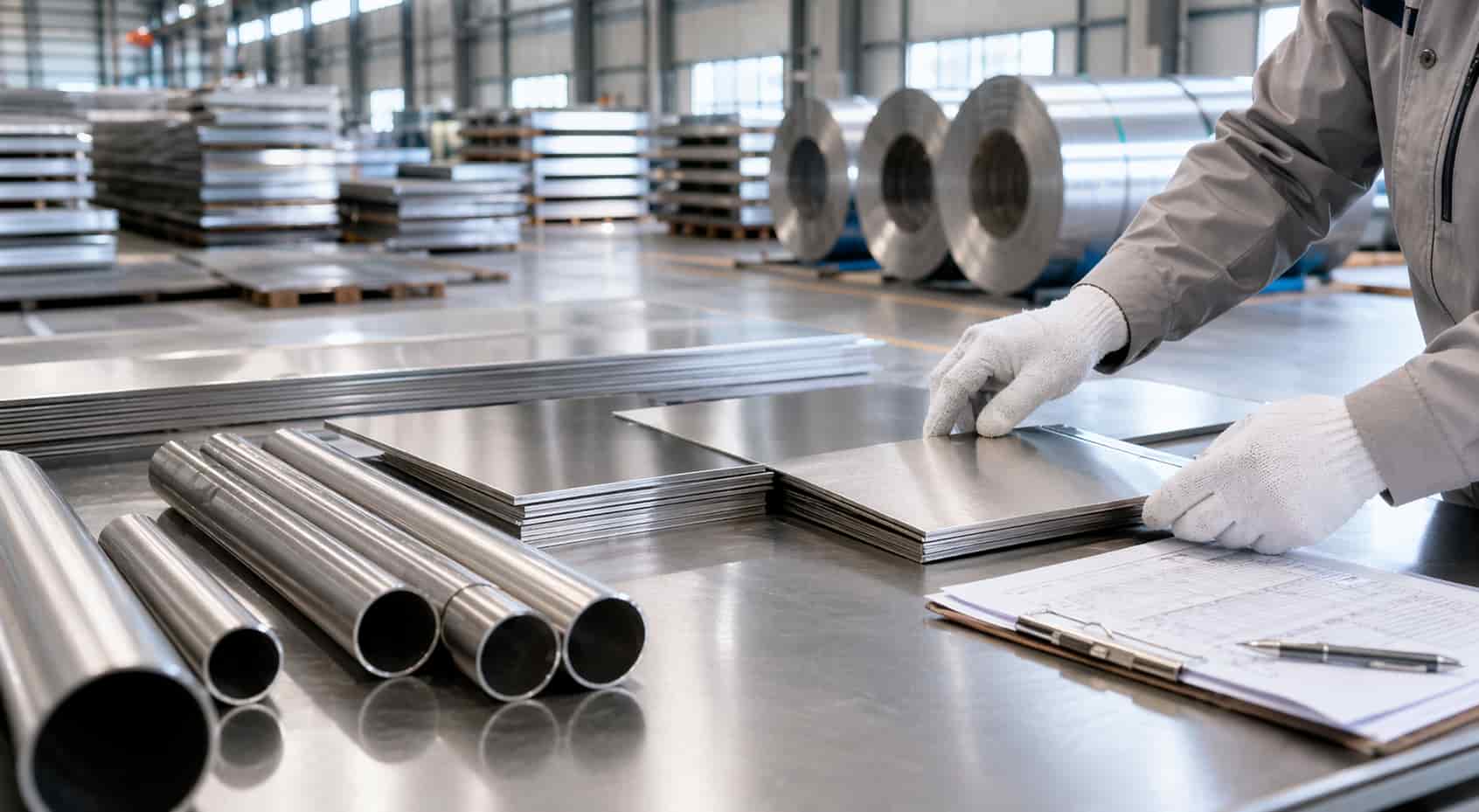 Technician reviewing stainless steel material samples and inspection documents in a warehouse