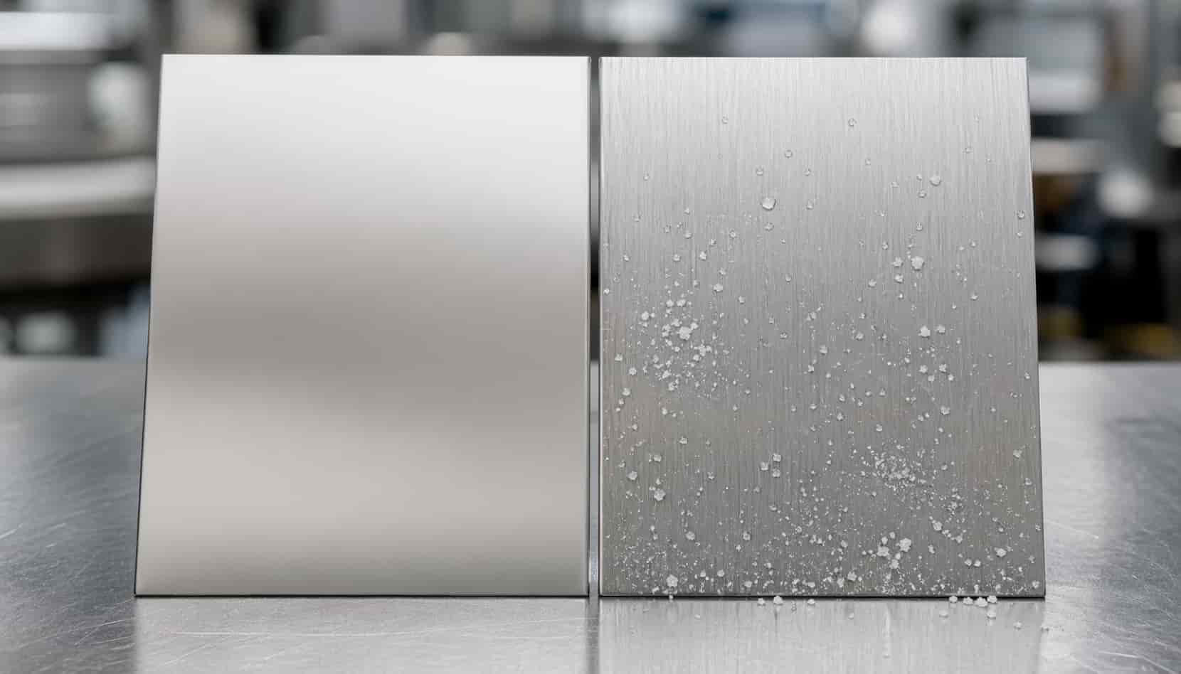 Stainless steel sample panels showing different surface textures under inspection light