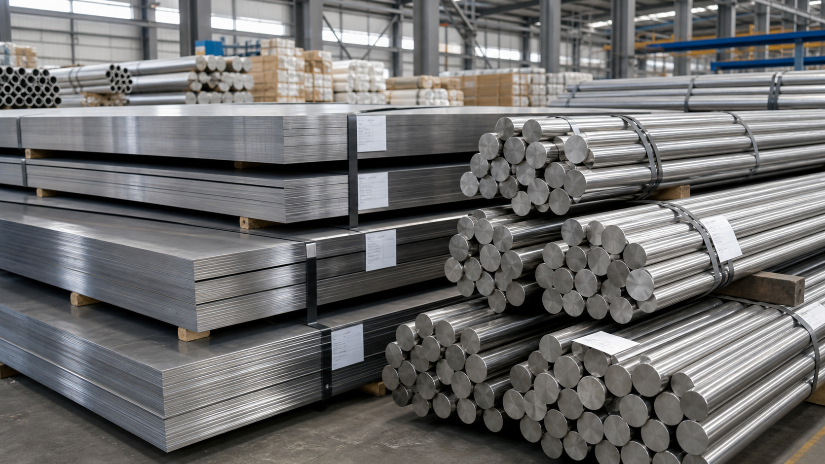 AI-generated visual of duplex stainless steel round bars and plates arranged for sourcing review