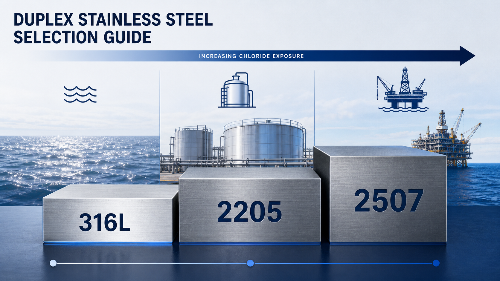 AI-generated duplex stainless steel selection ladder for 316L, 2205 and 2507 under increasing chloride exposure