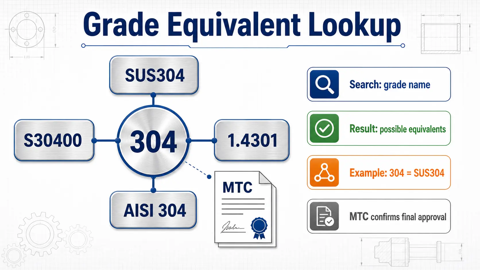 Encyclopedia-style stainless steel grade equivalent map connecting 304 SUS304 S30400 and 1.4301