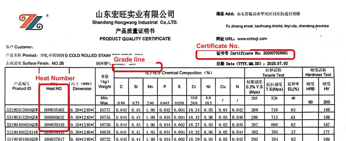带有 Heat Number 标注的不锈钢 MTC