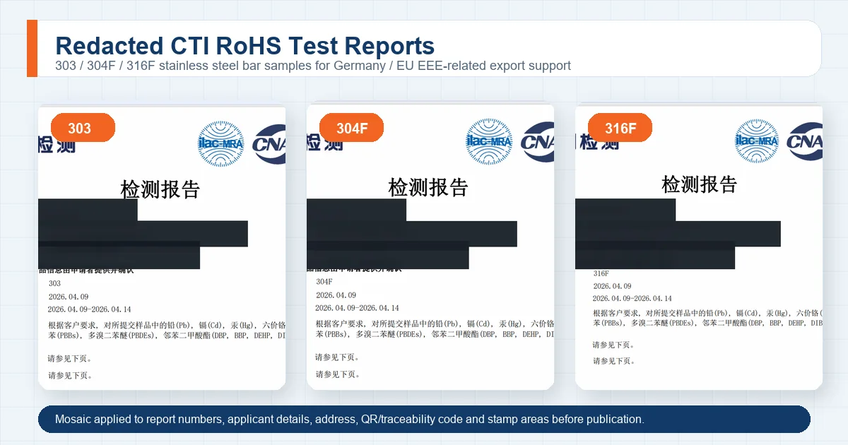 Redacted CTI RoHS test reports for 303 304F and 316F stainless steel bar samples