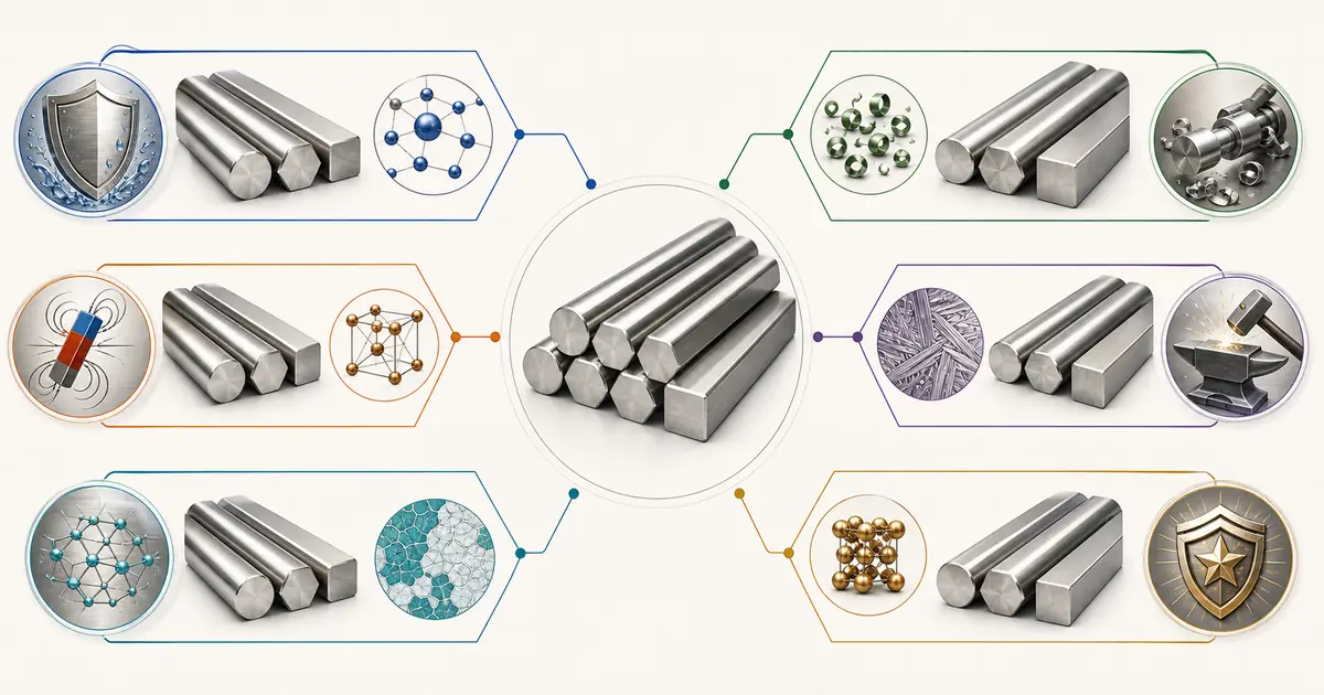 Technical illustration showing stainless steel bar grade families with austenitic free-machining ferritic martensitic duplex and precipitation hardening groups