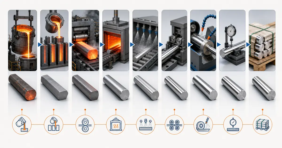 Technical illustration showing stainless steel bar manufacturing from melting and casting through rolling heat treatment finishing inspection and packing